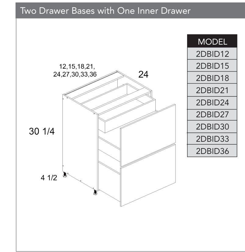 2DBID36 - Two Drawer Base Cabinet with One Inner Drawer product diagram