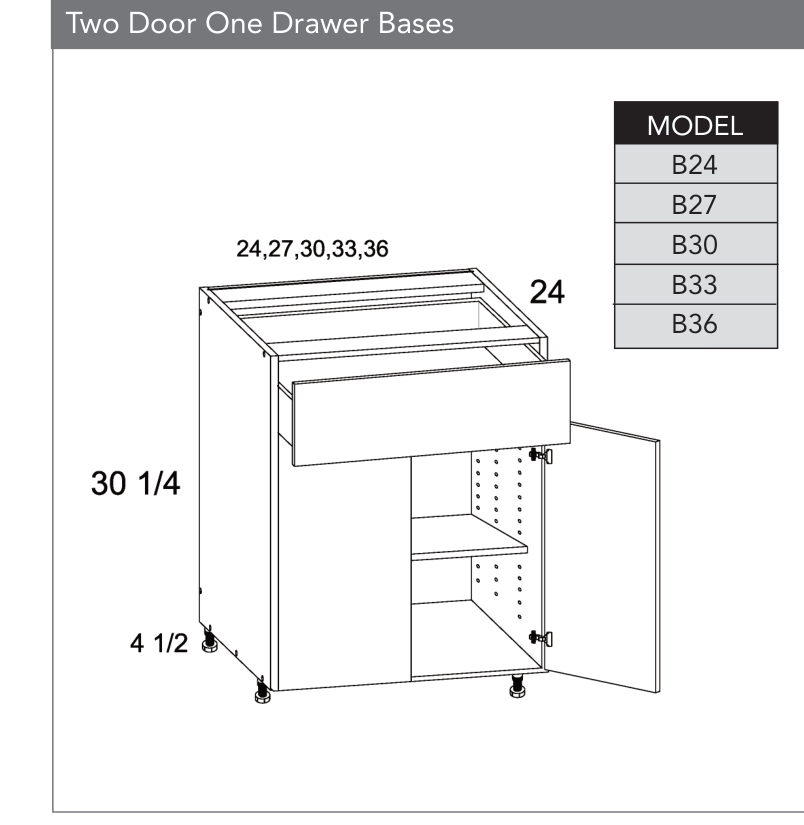 B36 - Two Door One Drawer Base Cabinet product diagram