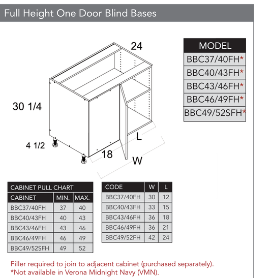 BBC49/52SFH - Full Height One Door Blind Base Cabinet product diagram