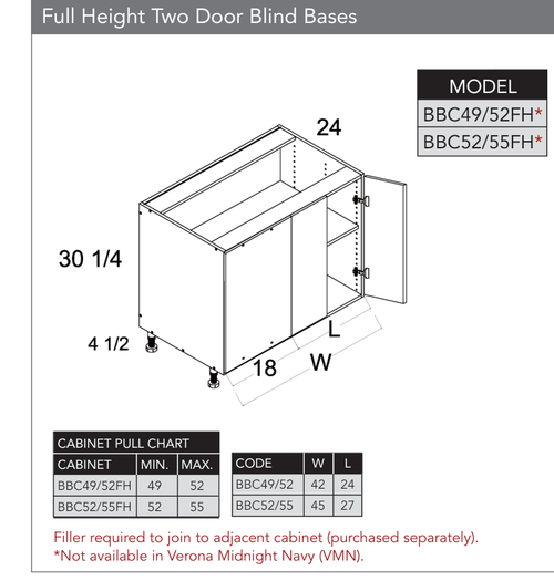 Frameless BBC52/55FH - Full Height Two Door Blind Base Cabinet - BBC52/55FH-PGW