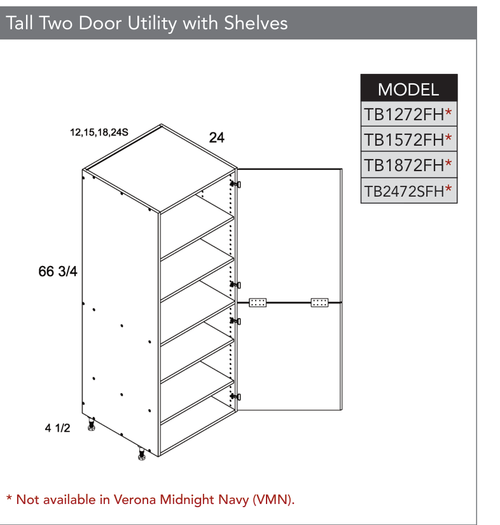 Frameless TB2472SFH - Tall Two Door Utility Cabinets with Shelves - TB2472SFH-PGW