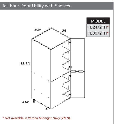 Frameless TB3072FH - Tall Four Door Utility Cabinets with Shelves - TB3072FH-PGW