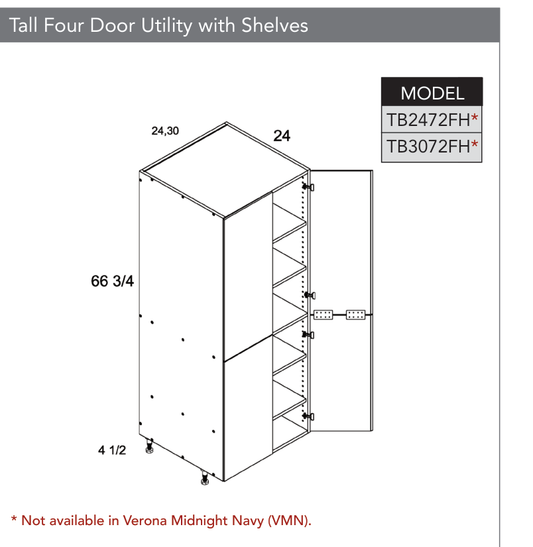 TB3072FH - Tall Four Door Utility Cabinets with Shelves product diagram