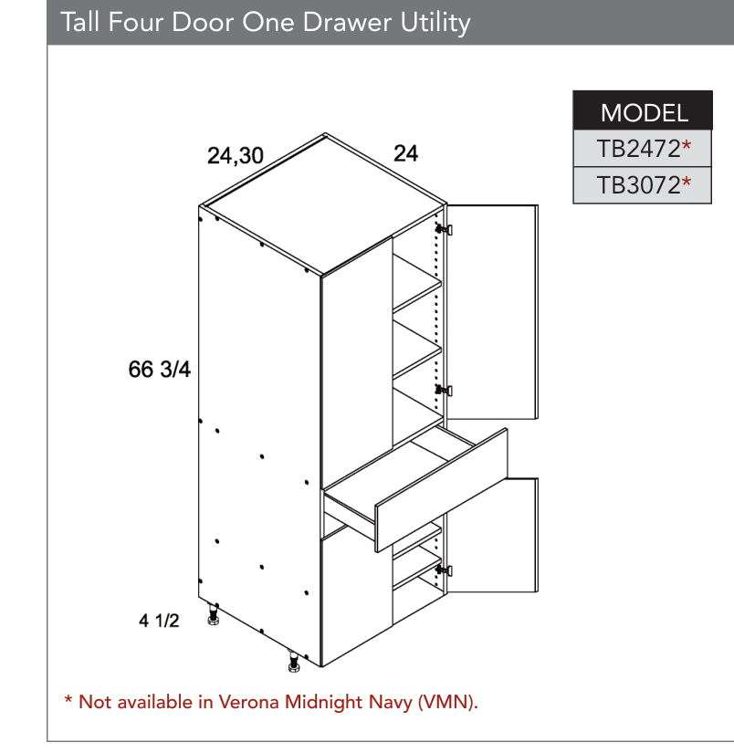 TB3072 - Tall Four Door One Drawer Utility Cabinet product diagram
