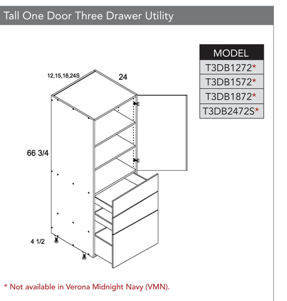 T3DB2472S - Tall One Door Three Drawer Utility Cabinets (Continued) product diagram