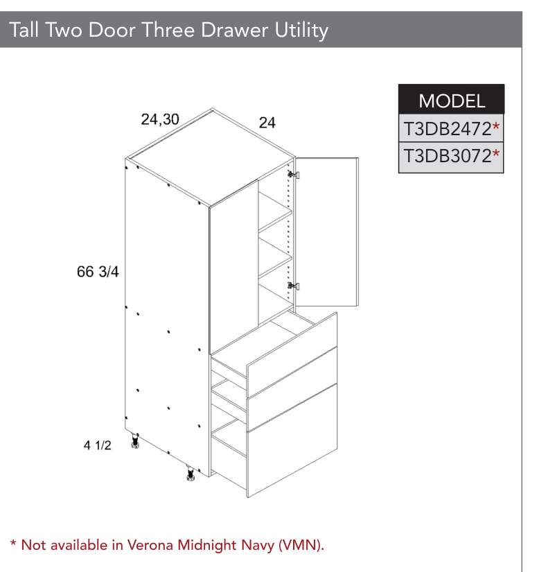 T3DB3072 - Tall Two Door Three Drawer Utility Cabinet product diagram