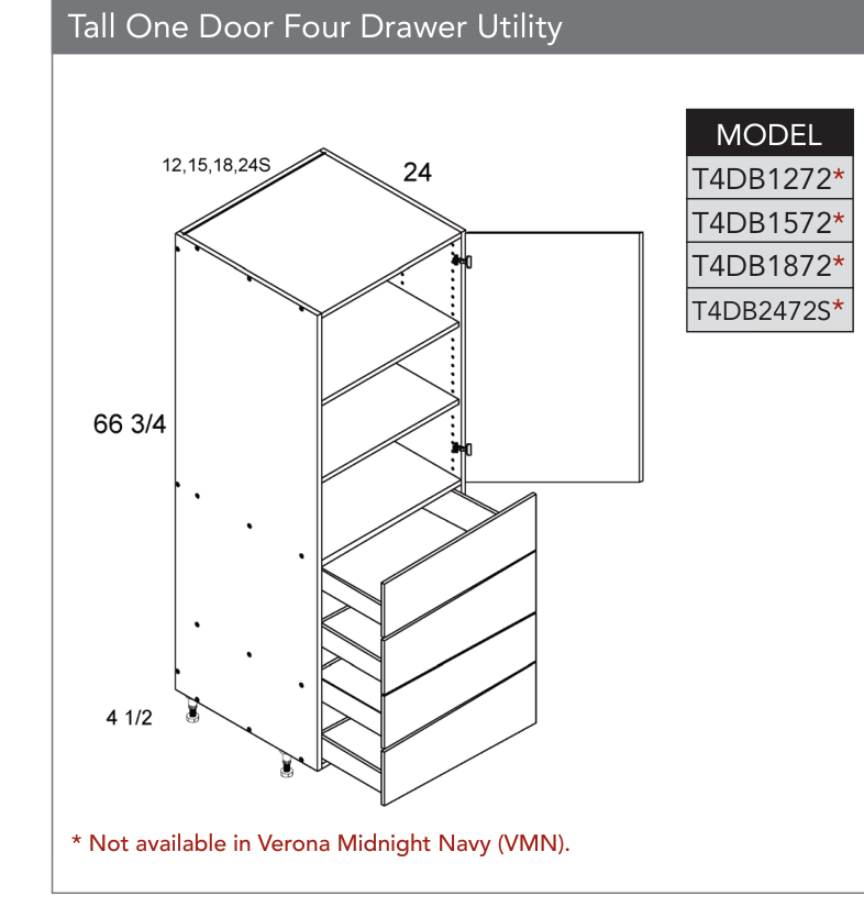 T4DB2472S - Tall One Door Four Drawer Utility Cabinets (Continued) product diagram