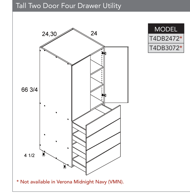 T4DB3072 - Tall Two Door Four Drawer Utility Cabinet product diagram