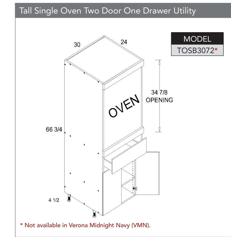 TOSB3072 - Tall Single Oven Two Door One Drawer Utility Cabinet product diagram