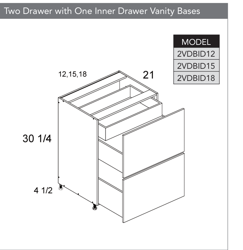 2VDBID18 - Two Drawer with One Inner Drawer Vanity Base Cabinet product diagram