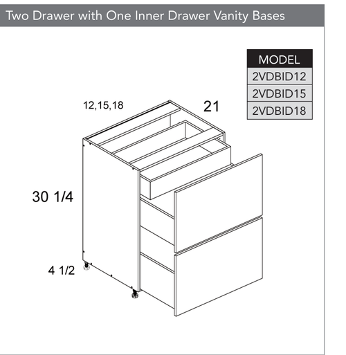 Frameless 2VDBID18 - Two Drawer with One Inner Drawer Vanity Base Cabinet - 2VDBID18-PGW