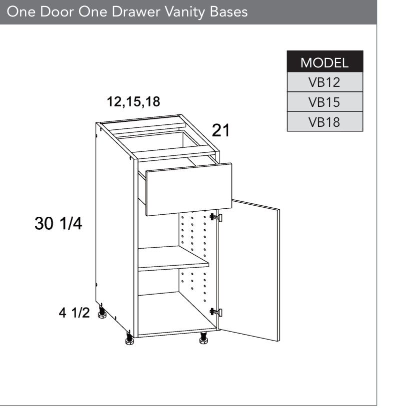 VB18 - One Door One Drawer Vanity Base Cabinet product diagram