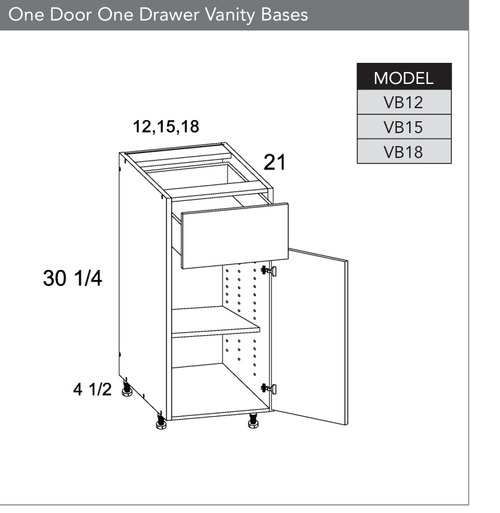 Frameless VB18 - One Door One Drawer Vanity Base Cabinet - VB18-PGW