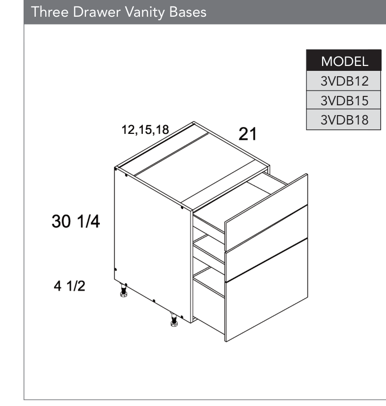 3VDB18 - Three Drawer Vanity Base Cabinet product diagram