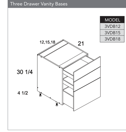 3VDB18 - Three Drawer Vanity Base Cabinet product diagram
