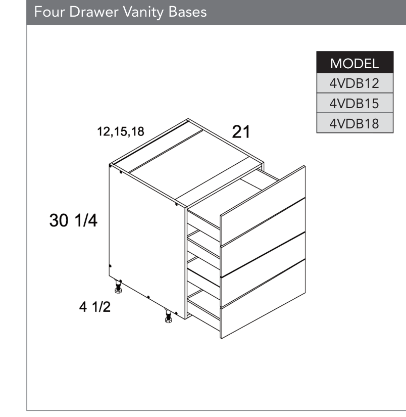 4VDB18 - Four Drawer Vanity Base Cabinet product diagram